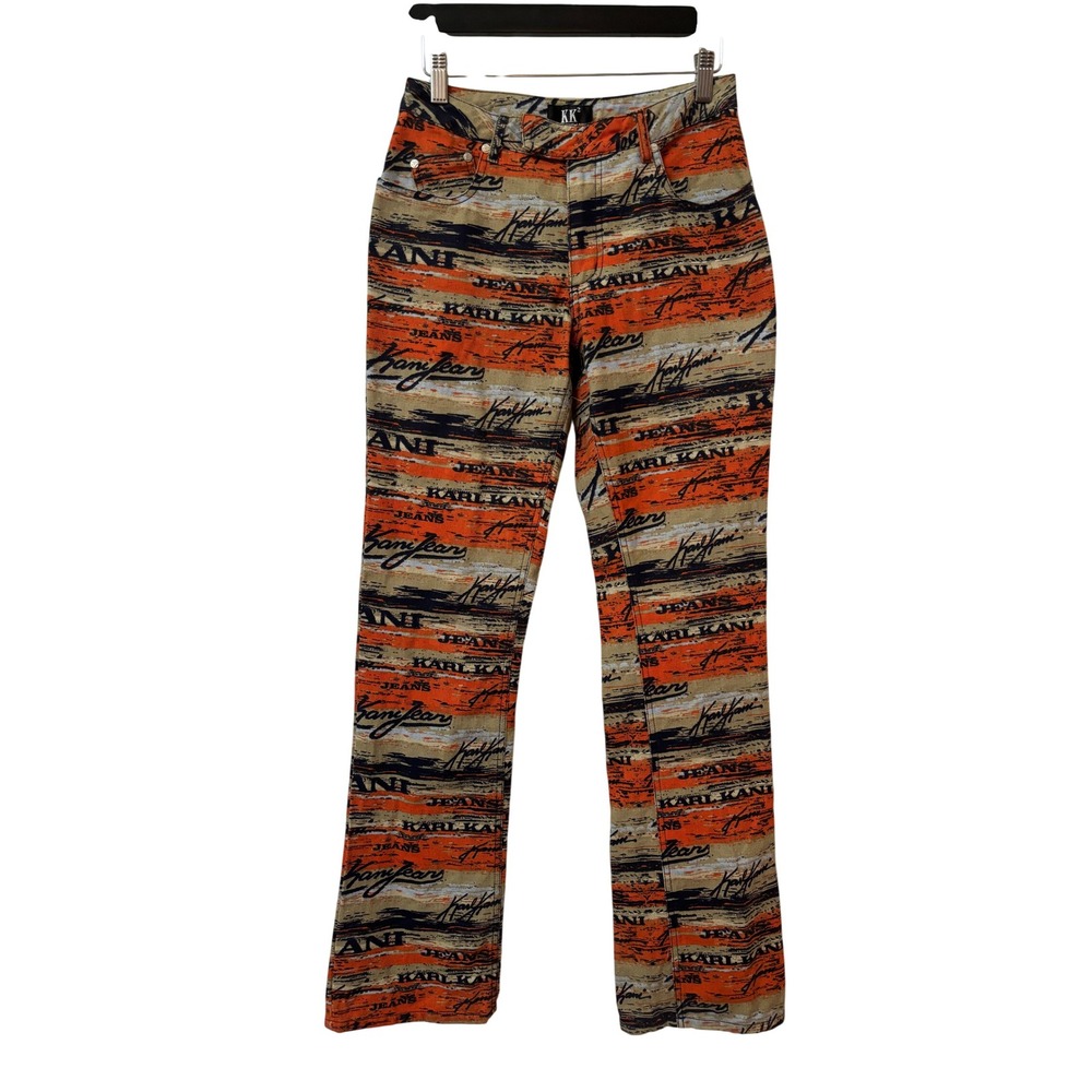 Vintage Karl Kani Jeans All Over Logo Print Orange Tan Navy Straight Leg Pants